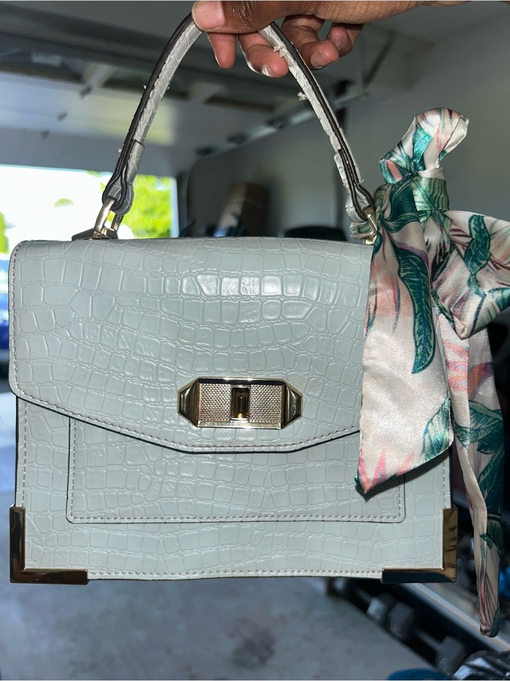 Aldo Light Blue Croc-Embossed Top Handle Satchel with Scarf & Cross Body Strap